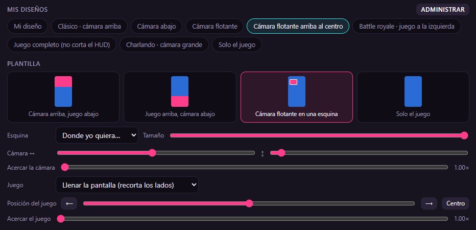 Pestaña Diseño del editor: lista de Mis diseños, las cuatro plantillas y los controles de esquina, tamaño, posición y zoom de cámara y juego